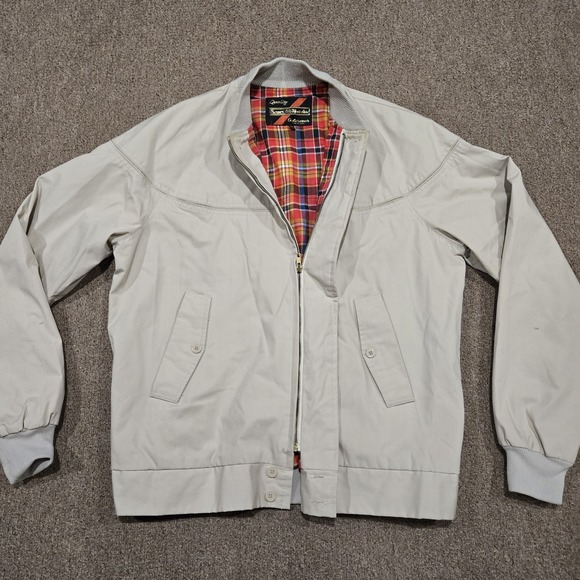 Vintage 70s Sears Harrington Jacket Mens Large Tall Beige Tartan Plaid Lined